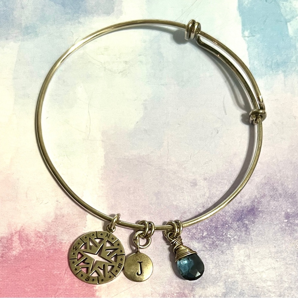 Adjustable Bangle Bracelet with Three Charms - Travel Theme